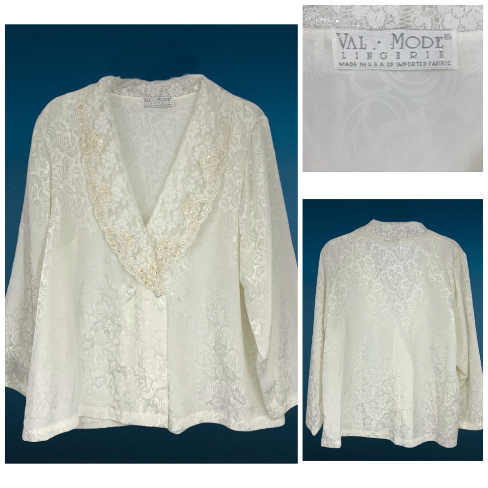 Vintage Val Mode Lingerie Sz L White Satin Jacquard Lounge Jacket Lace Collar
